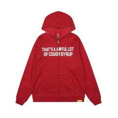 Awful Lot of Cough Syrup Spell Out Zip Up Red Hoodie