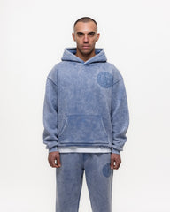 Magiri Embroidered Acid Wash Hoodie in Washed Blue