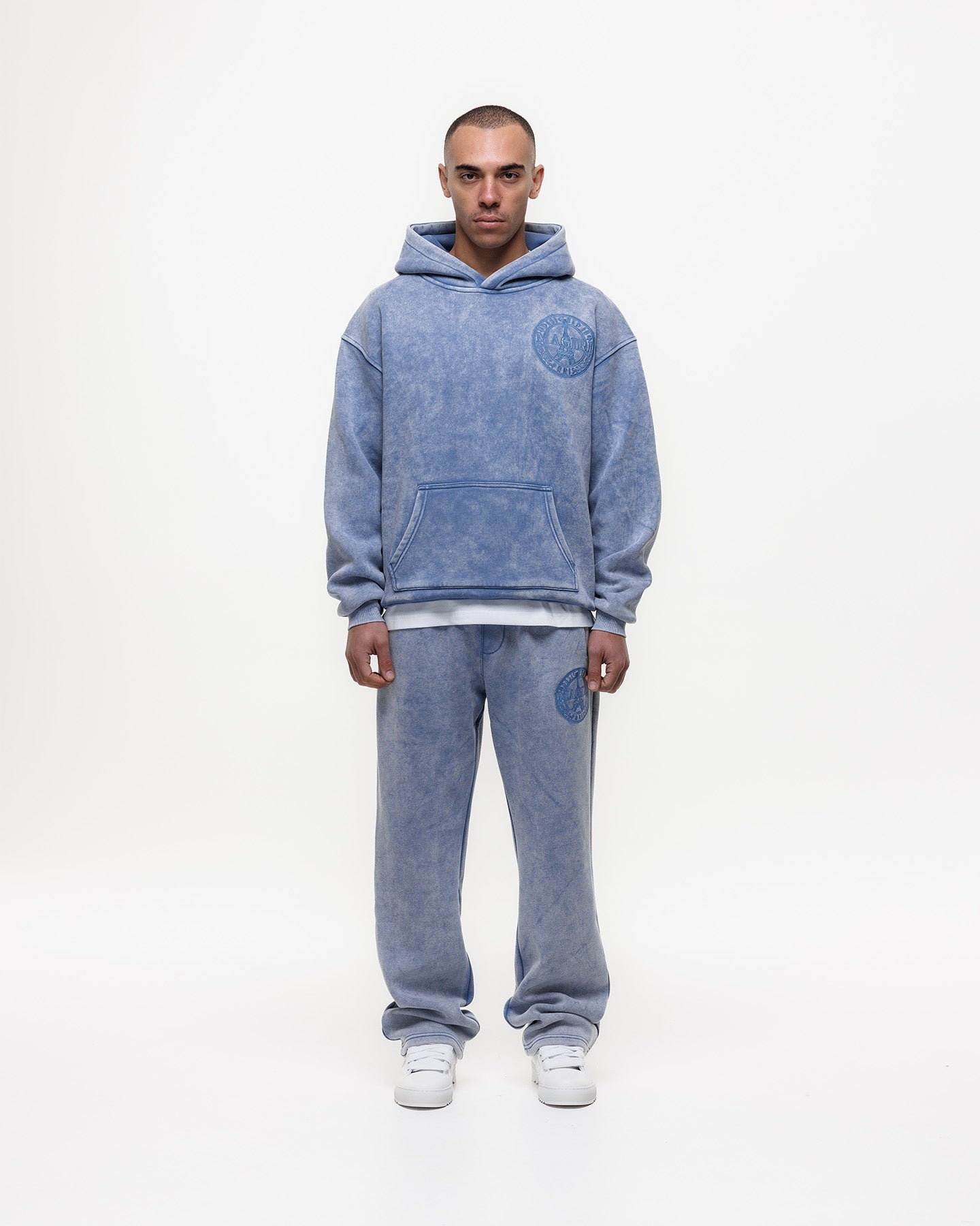 Magiri Embroidered Acid Wash Hoodie in Washed Blue