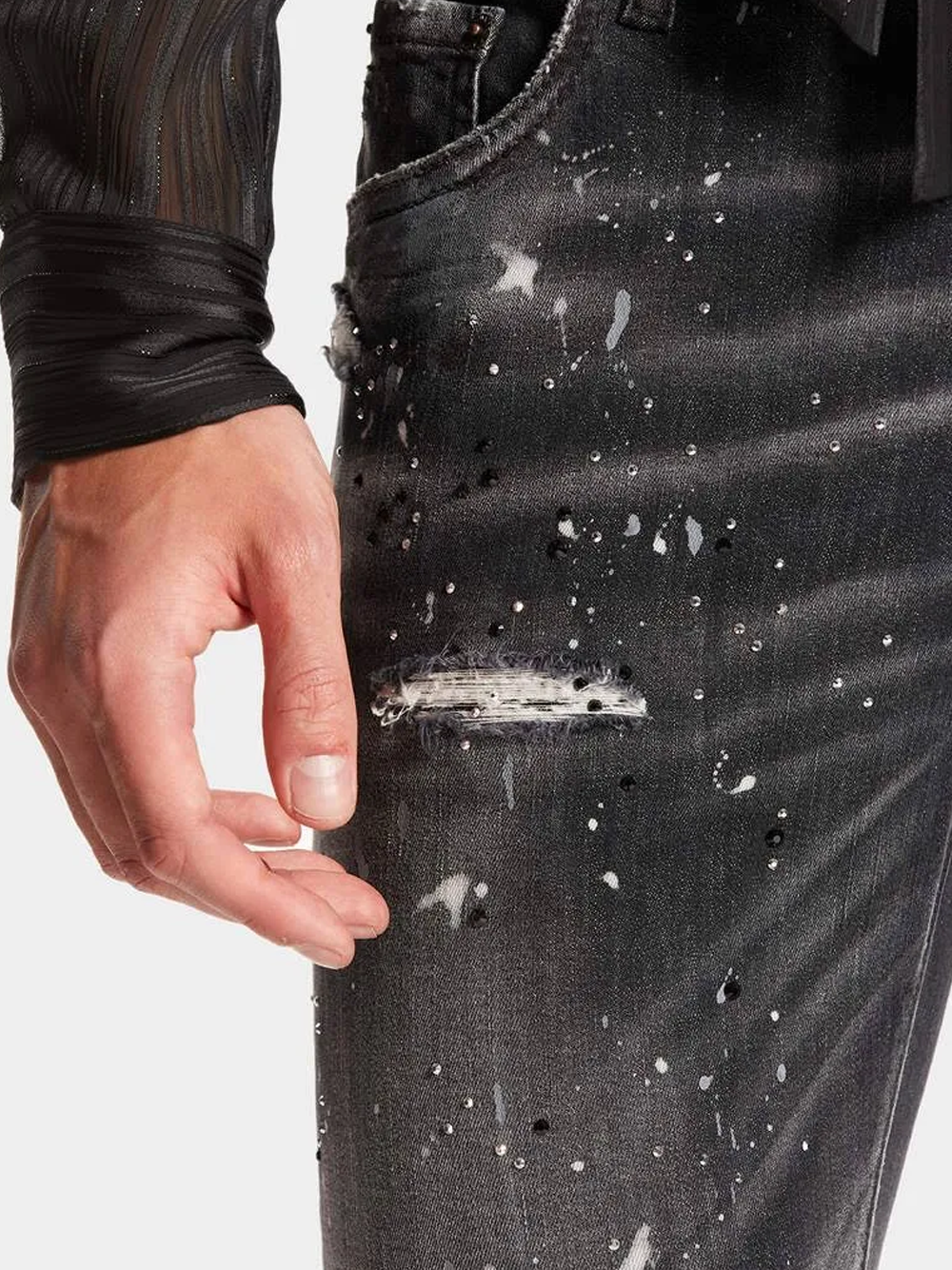 Dsquared2 Paint Splatter Rhinestone Black Wash Skater Jeans